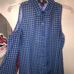 Black and blue cold-shoulder blouse